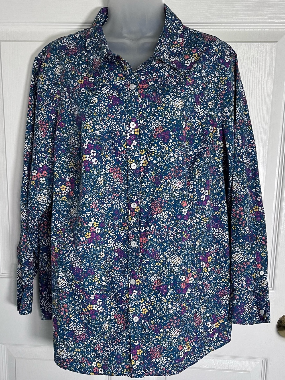 Lands End No Iron Supima Cotton Floral Shirt 18W Teal